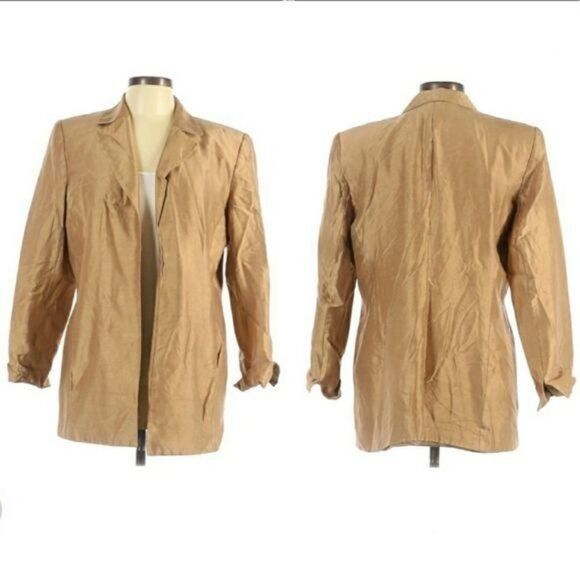 Vtg 90's Josephine Chaus Silk Boxy Boyfriend Blazer Metallic Golden Tan Sz 12 - Picture 1 of 11
